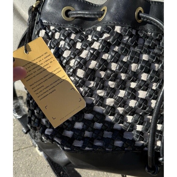 Marta Ponti Portugal Black Leather Woven Crossbody Bag Tan Fabric Great Gift NWT - Picture 2 of 13